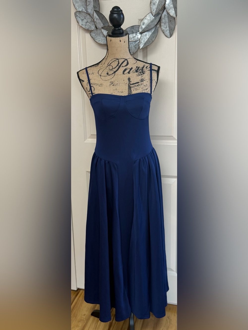 226: Women's Navy Blue Maxi Dress with Adjustable Thin Straps - Small